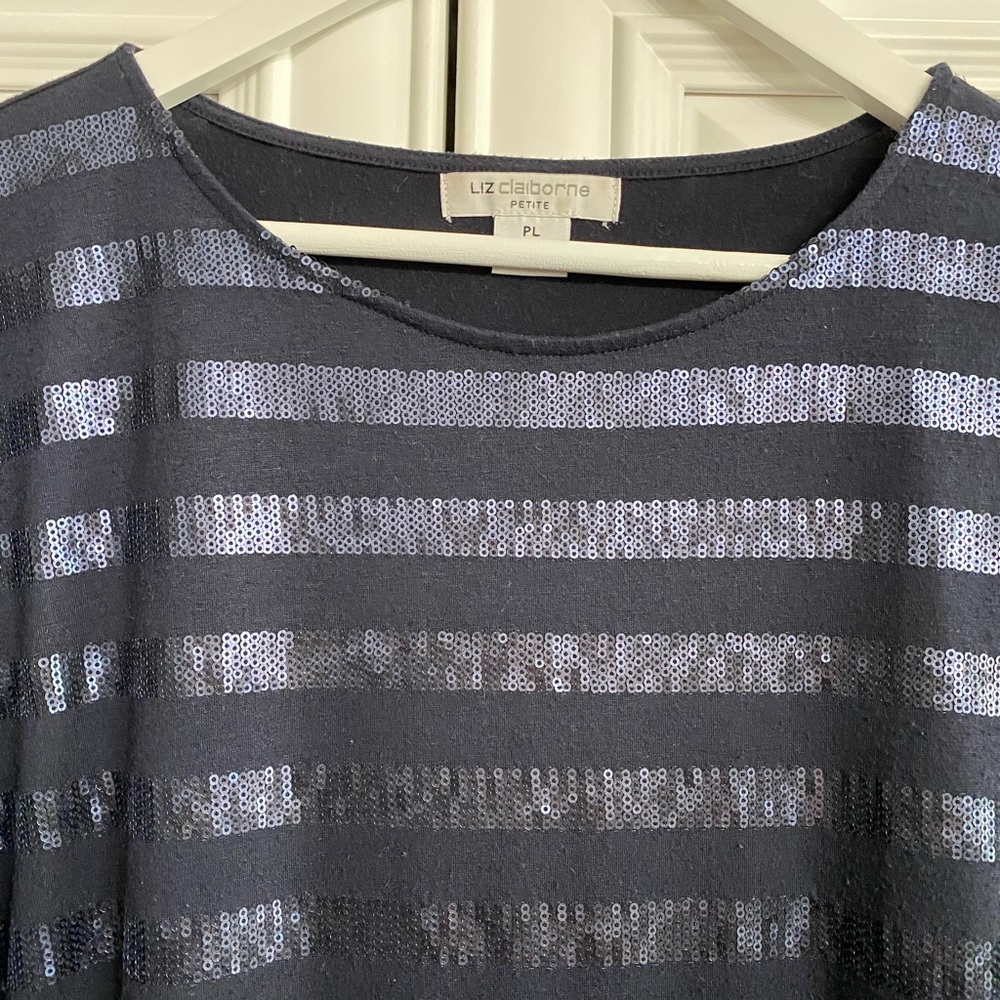 Liz Claiborne Women’s Petite Large Navy Scoop Neck Knit Shirt with Sequin Bands - Picture 3 of 10